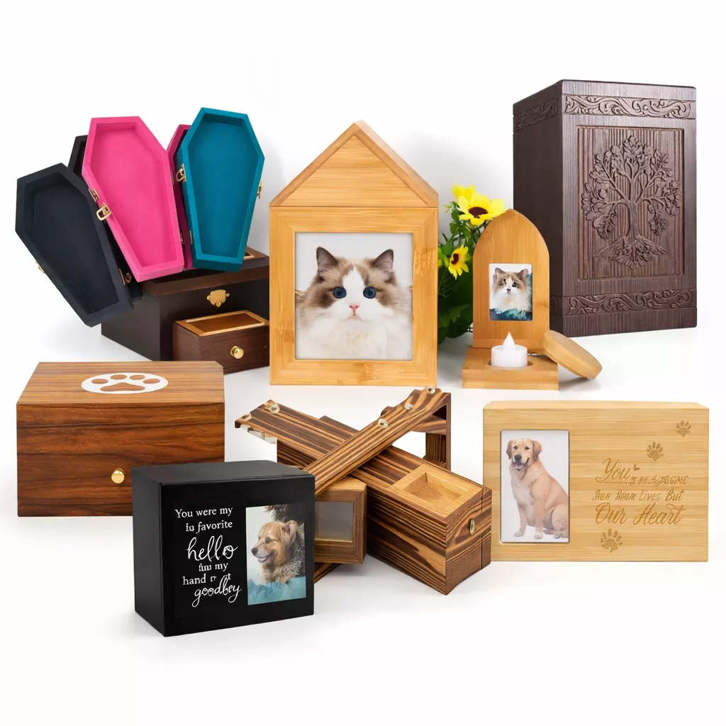 Wholesale premium walnut wood pet urn featuring photo frame and secure bottom