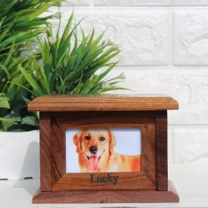 Wholesale premium wood pet urn featuring acrylic photo frame and secure bottom.