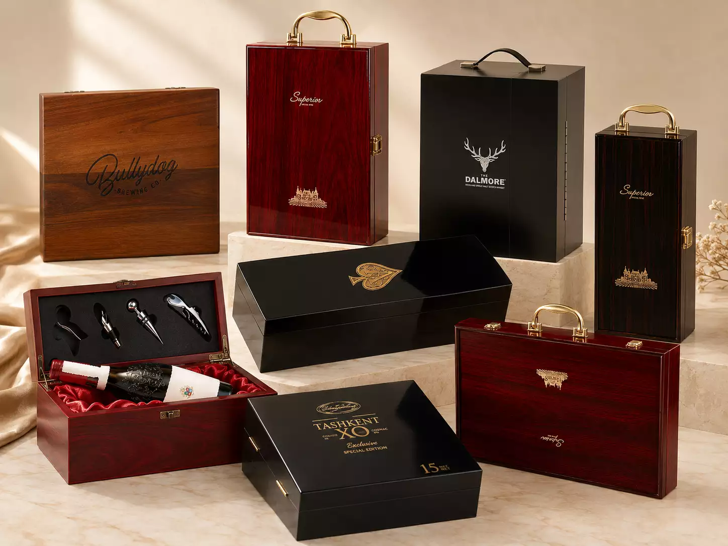 lacquered wooden wine boxes