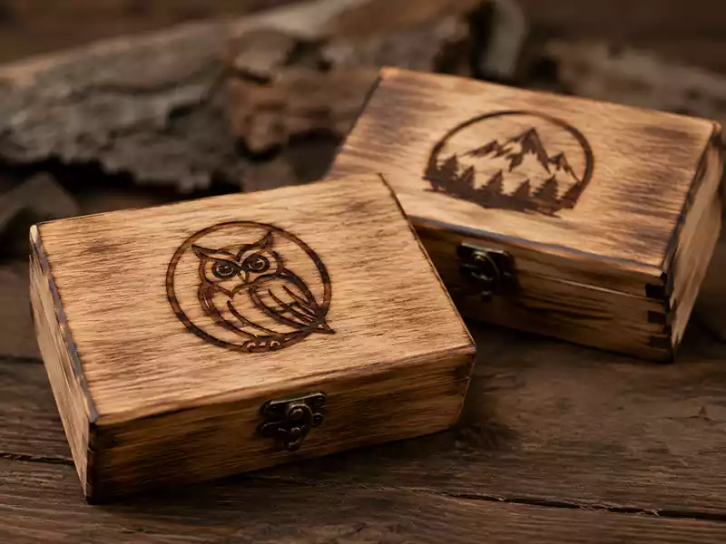 burned logo wooden boxes