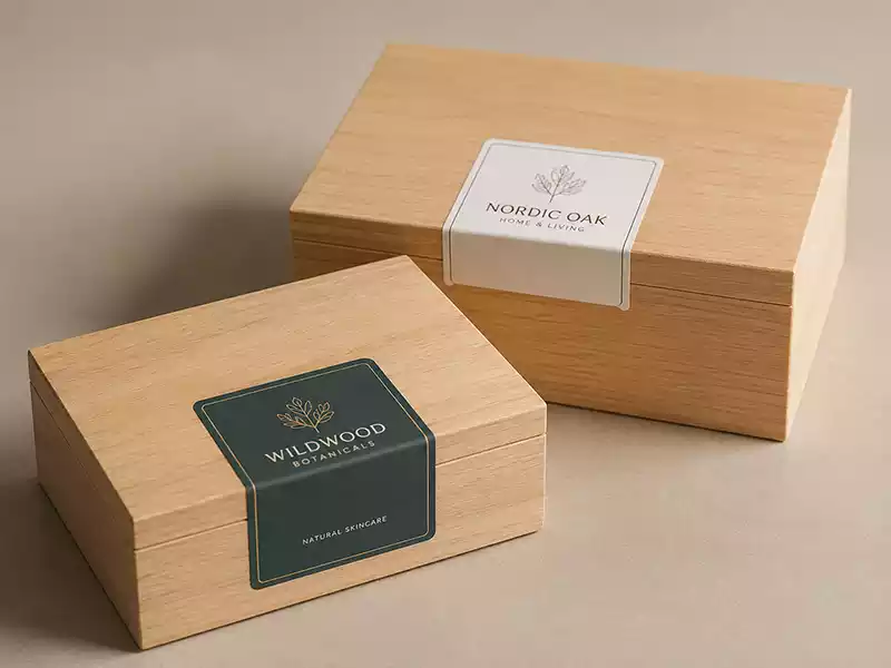 wooden boxes with stickers or labels