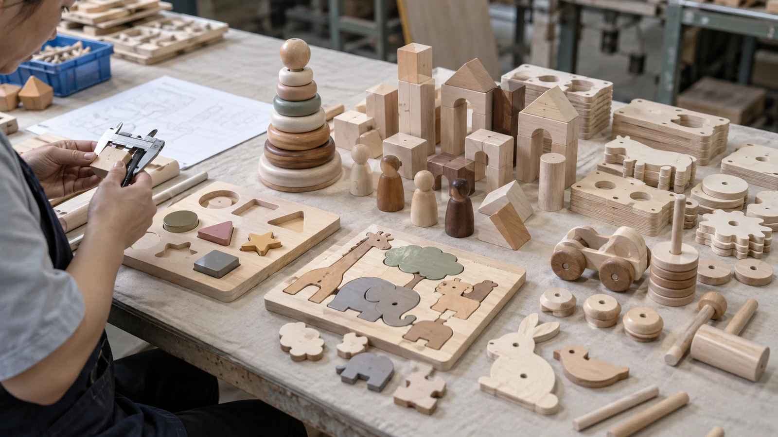 Wooden toy puzzles, blocks and craft components arranged for factory sample inspection